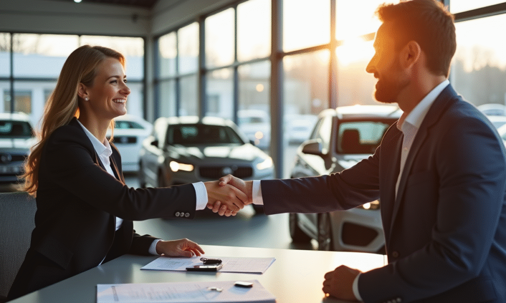 Homme et femme souriants serrant la main avec un concessionnaire dans un showroom moderne