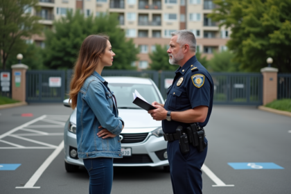 Agent municipal en uniforme parle avec une femme à côté d'une voiture