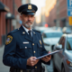 Agent de stationnement en uniforme dans une rue urbaine