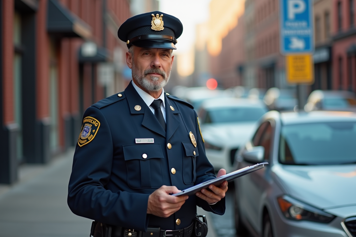 Agent de stationnement en uniforme dans une rue urbaine