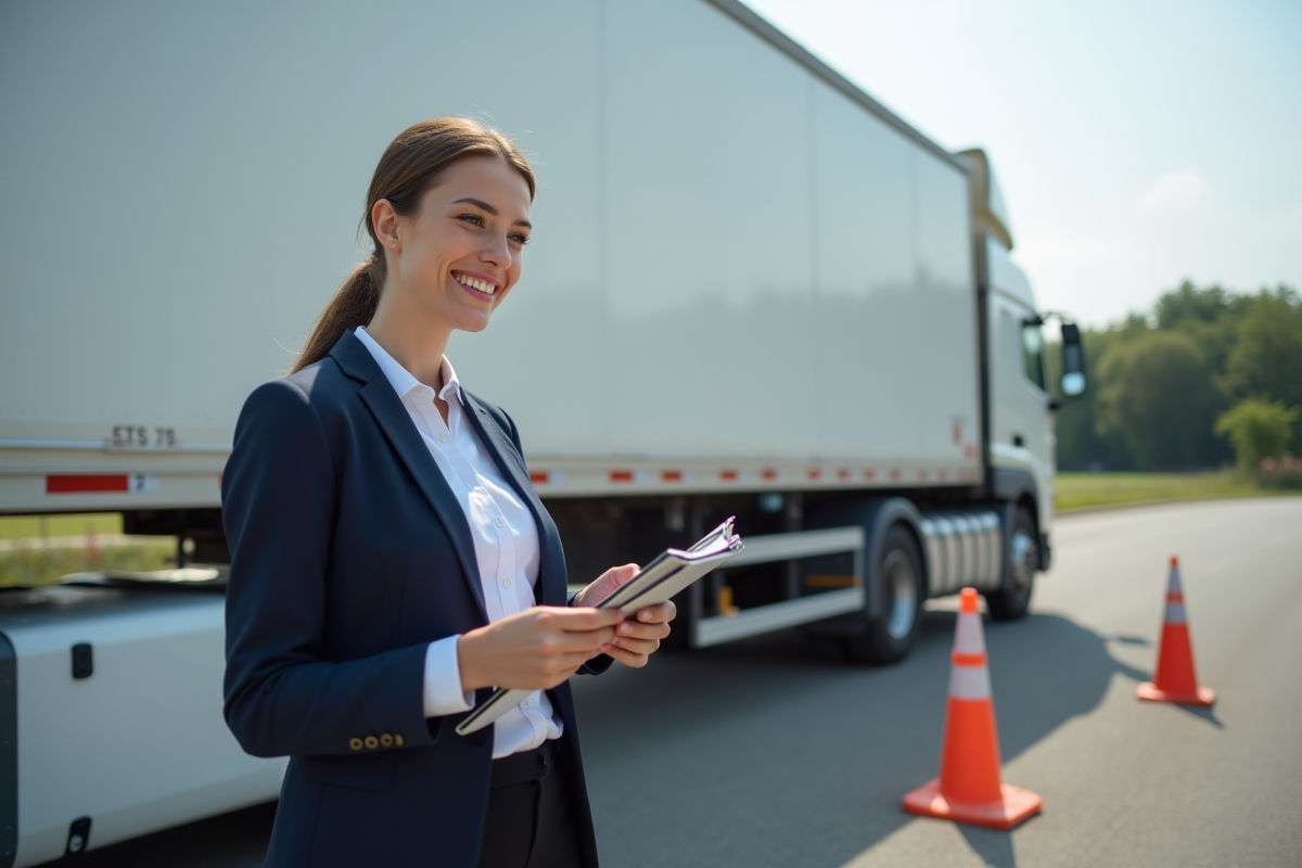 Jeune femme souriante devant un camion d
