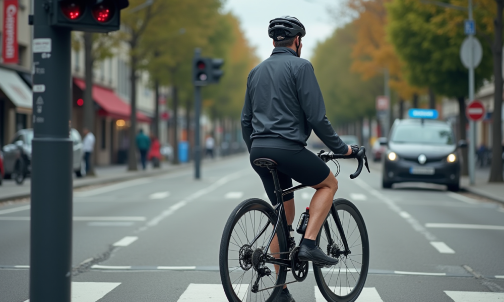 Cycliste urbain en attente au feu rouge dans la rue