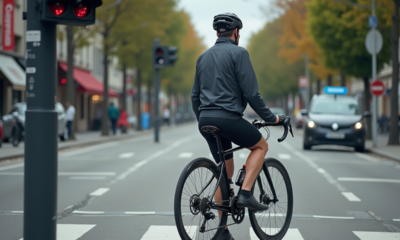 Cycliste urbain en attente au feu rouge dans la rue