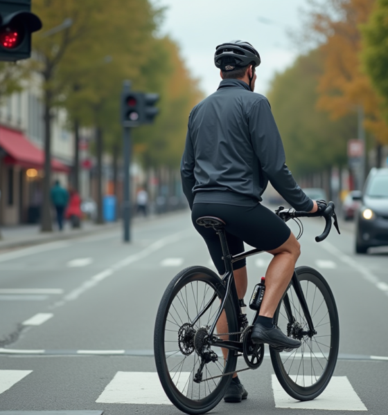 Cycliste urbain en attente au feu rouge dans la rue