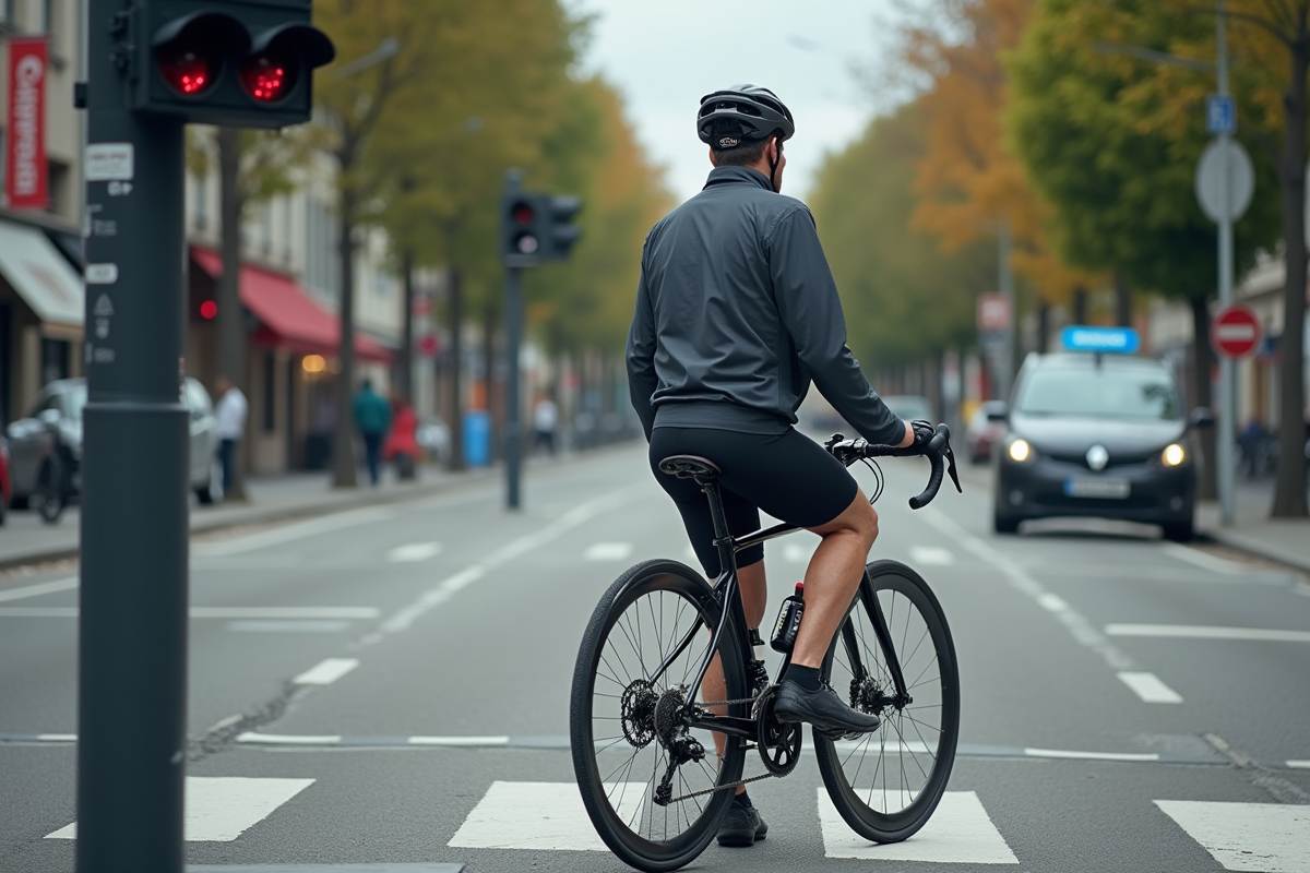 Cycliste urbain en attente au feu rouge dans la rue