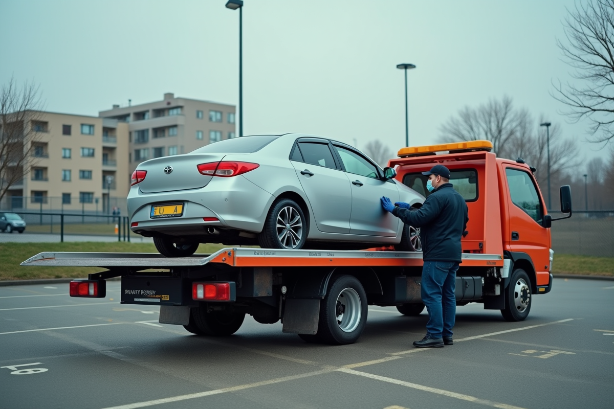 Dépanneur sécurise une voiture avec un crochet dans un parking privé