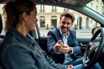 Jeune homme et femme échangeant de l'argent dans une voiture en ville