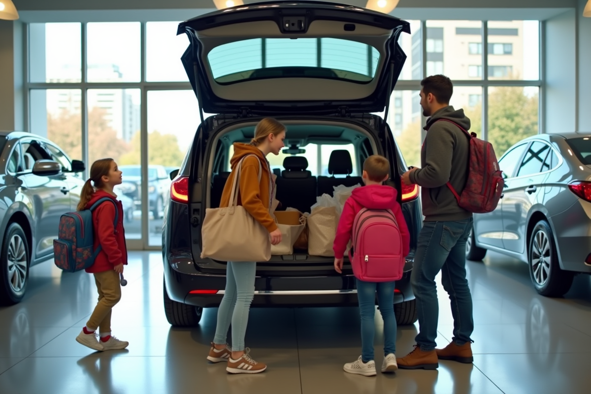 Famille chargant la minivan dans un showroom moderne