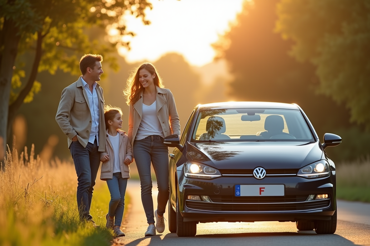 Famille souriante avec voiture en campagne ensoleillee