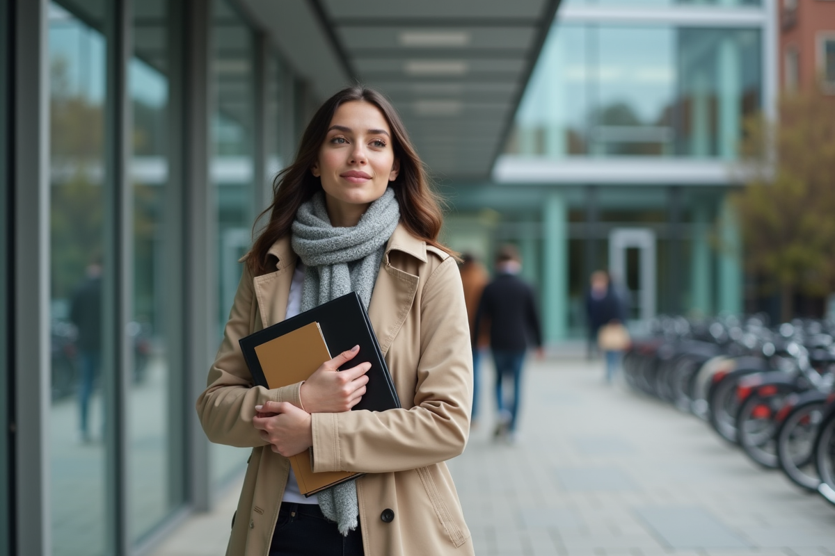 Jeune femme approche bâtiment administratif en ville