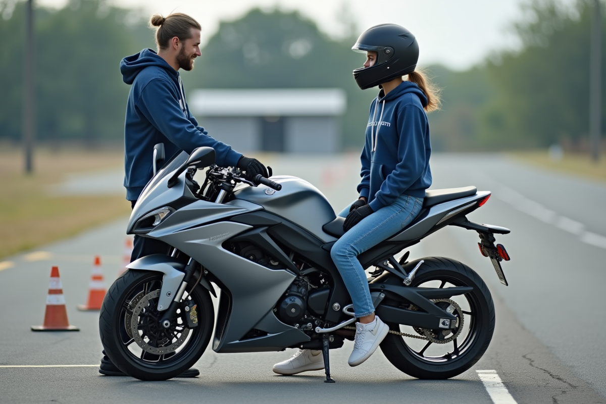 Femme en hoodie discutant avec un instructeur près d