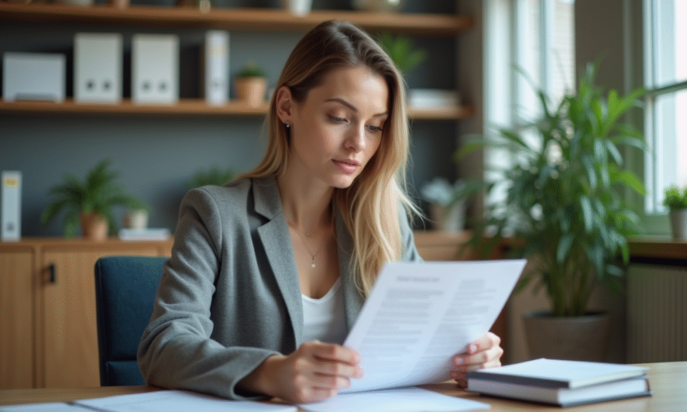 Femme d affaires examinant des documents de location de voiture