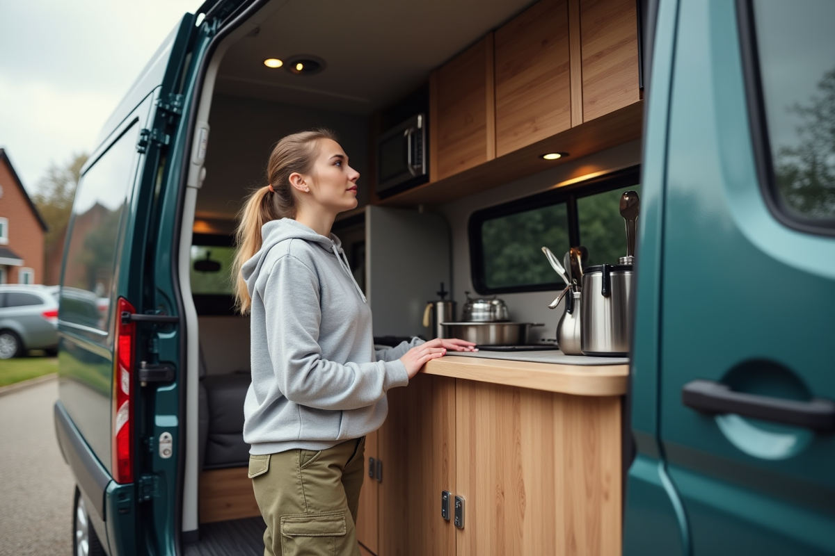 Jeune femme inspectant la kitchenette d