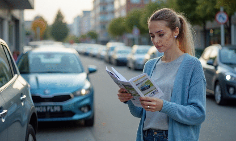 Jeune femme lisant des brochures d'assurance voiture dehors