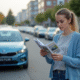 Jeune femme lisant des brochures d'assurance voiture dehors