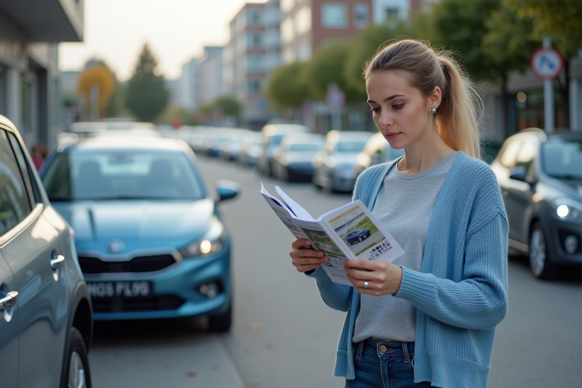Jeune femme lisant des brochures d'assurance voiture dehors
