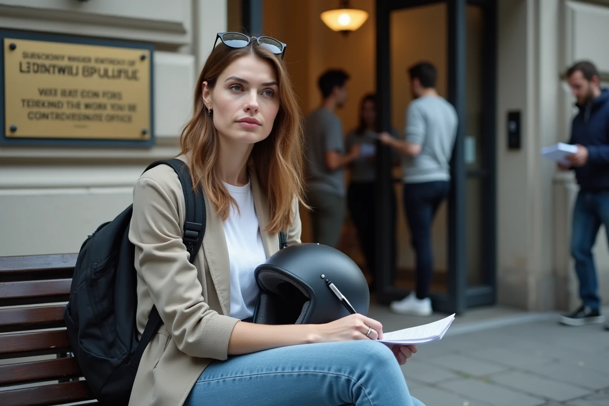 Femme assise devant un bureau de permis avec formulaire