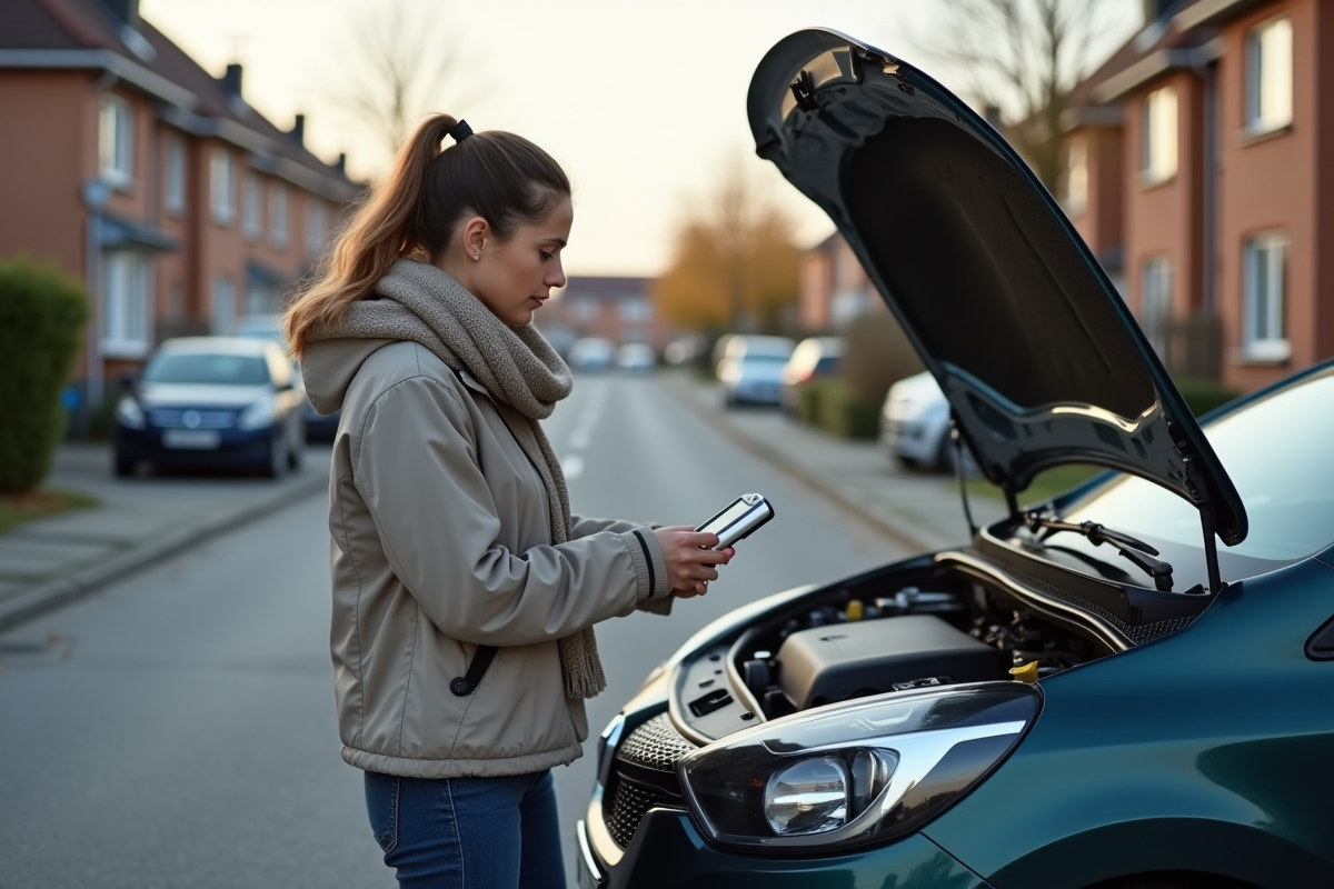 Jeune femme utilisant un scanner OBD sur sa voiture