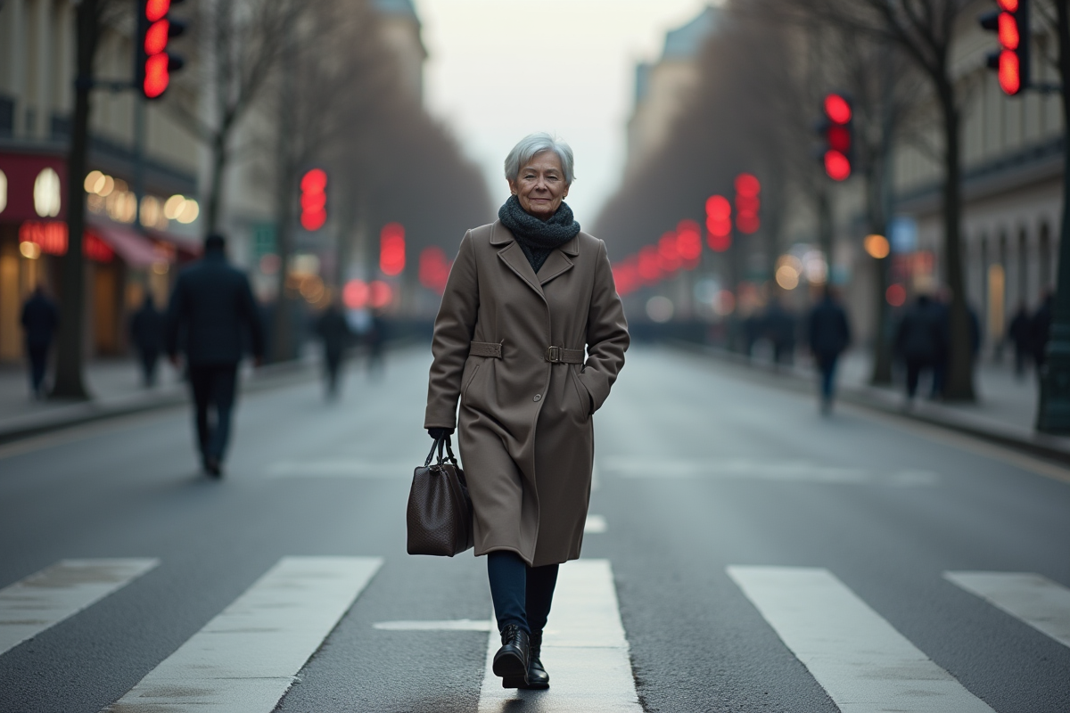 Femme âgée traversant un boulevard au matin