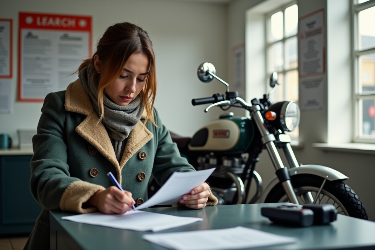 Femme passionnée de moto remplissant des formulaires