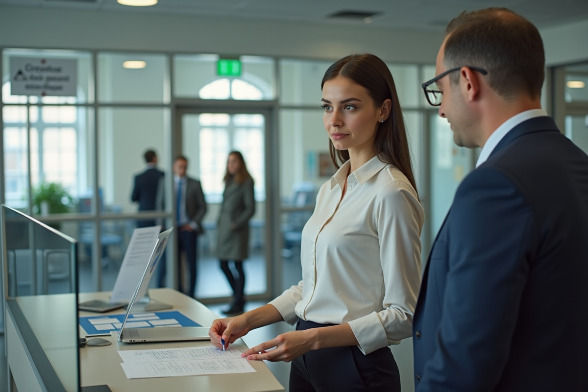 Jeune femme française parle avec un agent au guichet administratif