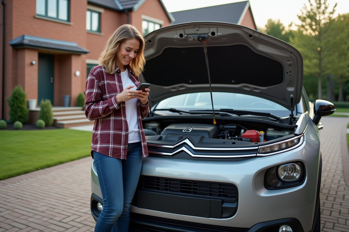 Jeune femme vérifie le moteur de sa Citroën sur une allée résidentielle