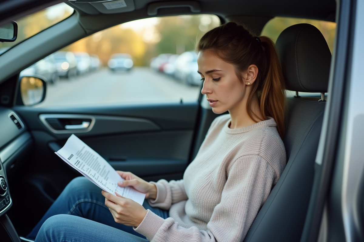 Jeune femme lisant brochures d