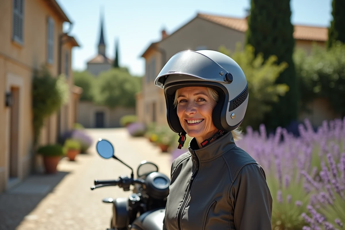 Femme souriante avec moto dans un village provençal