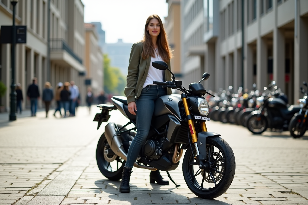 Femme avec moto dans une place urbaine animée