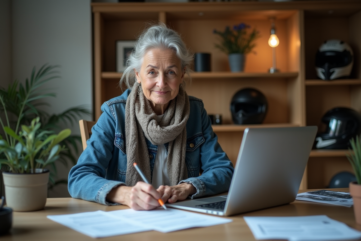 Femme au bureau remplissant formulaire de permis moto