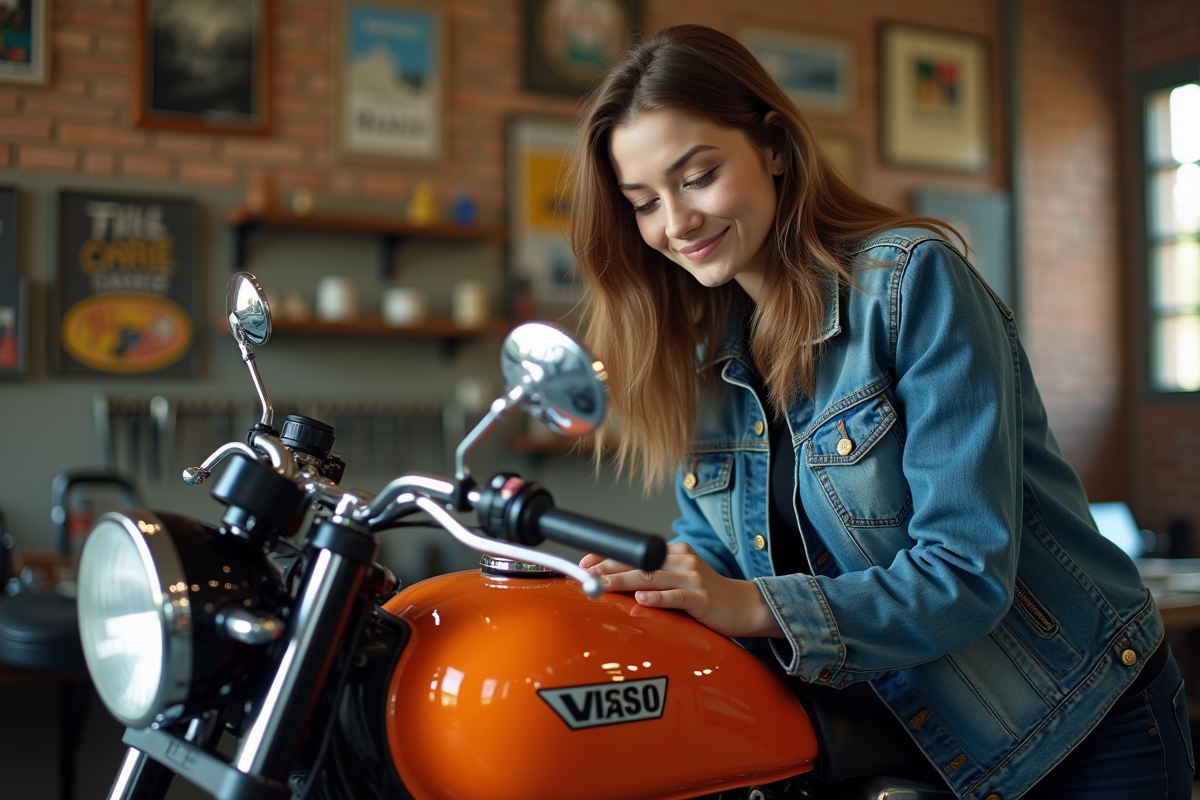 Jeune femme polissant une moto vintage dans un garage