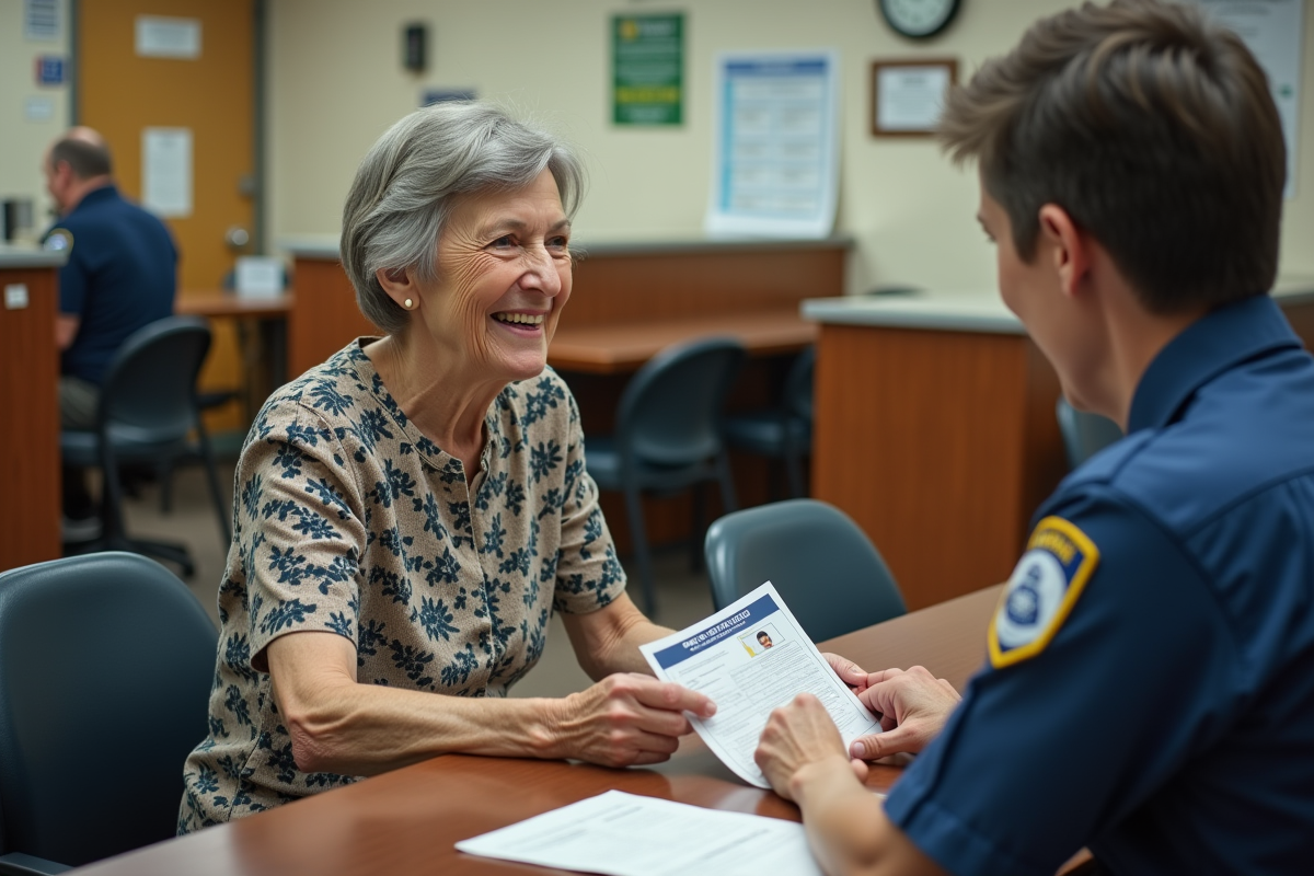 Femme âgée discutant avec un agent DMV dans un bureau