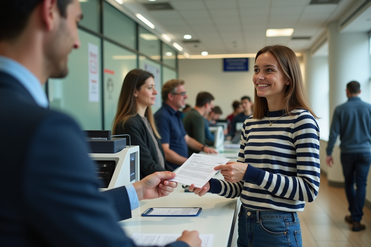 Jeune femme au guichet administratif avec documents en main
