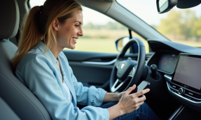 Femme souriante en voiture connectée avec smartphone