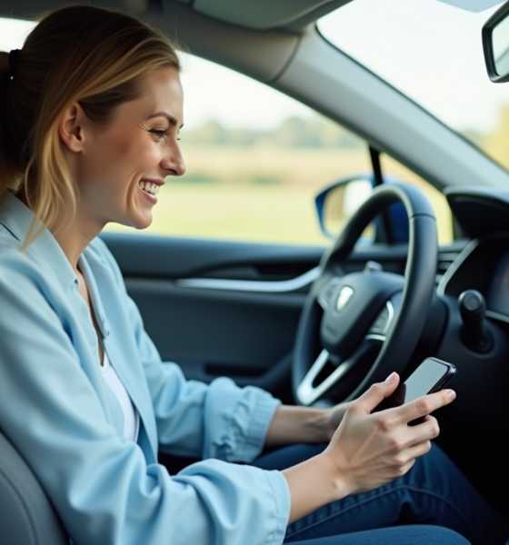 Femme souriante en voiture connectée avec smartphone