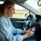 Femme souriante en voiture connectée avec smartphone