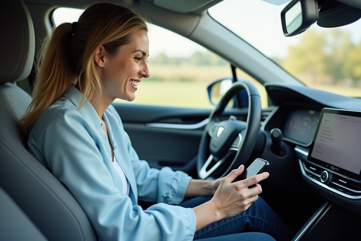 Femme souriante en voiture connectée avec smartphone