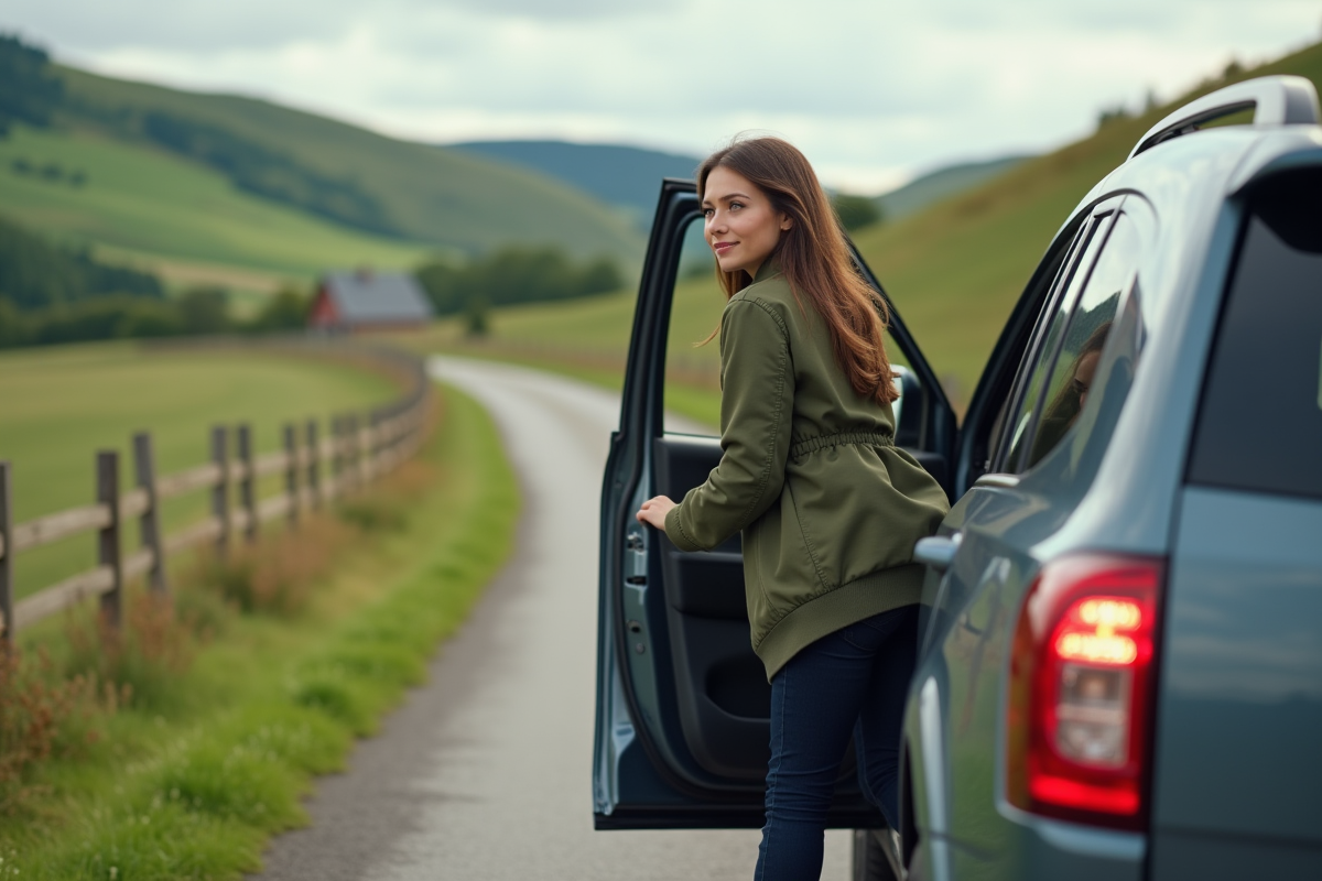 Jeune femme entrant dans SUV en campagne