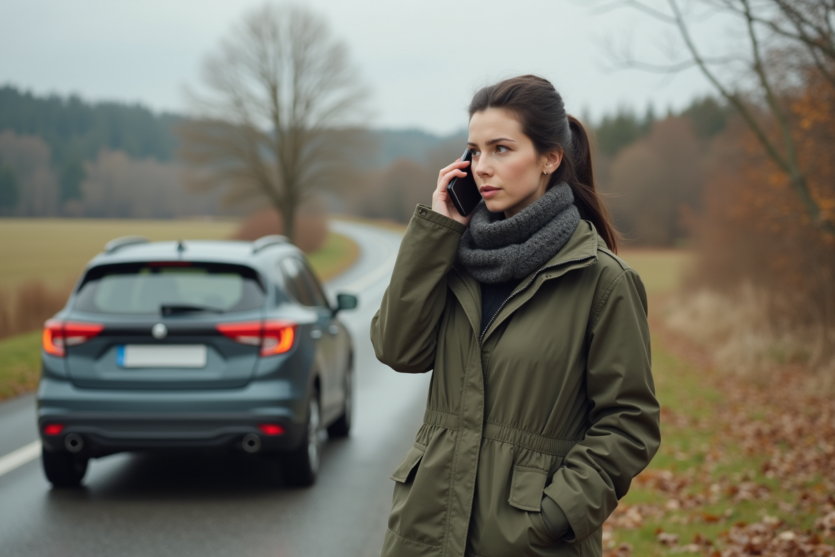 Jeune femme parle au téléphone près de sa voiture en campagne automnale