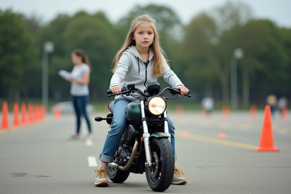 Jeune fille attentive sur une petite moto lors d