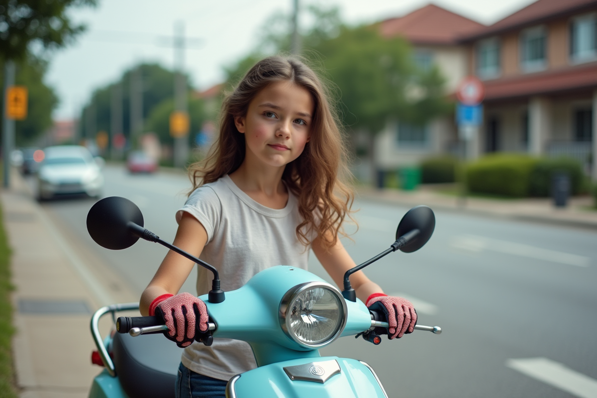 Adolescente ajustant ses miroirs de scooter dans le quartier