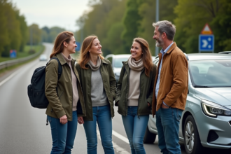 Quatre amis souriants près d'une voiture en voyage