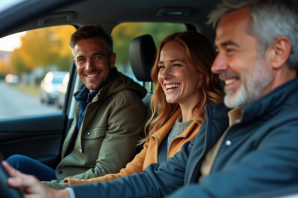 Quatre adultes souriants dans une voiture en automne