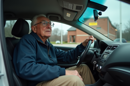 Homme âgé au volant d'une voiture moderne devant un bâtiment DMV