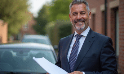 Homme d'âge moyen tenant documents d'assurance voiture en ville