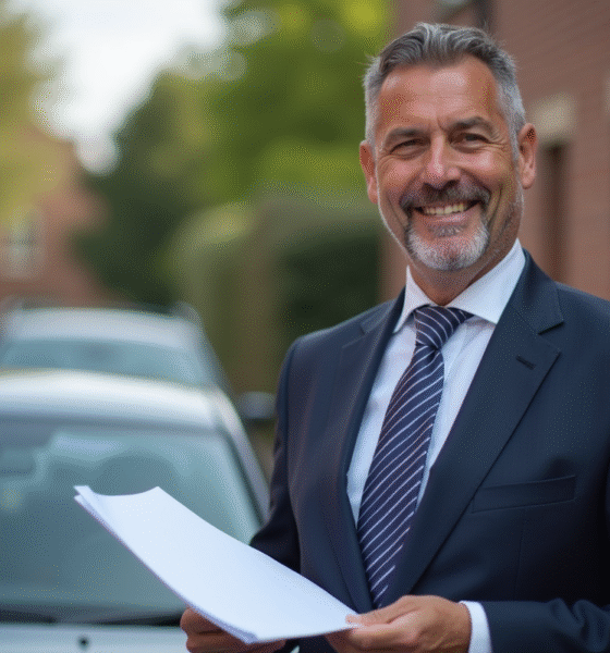 Homme d'âge moyen tenant documents d'assurance voiture en ville