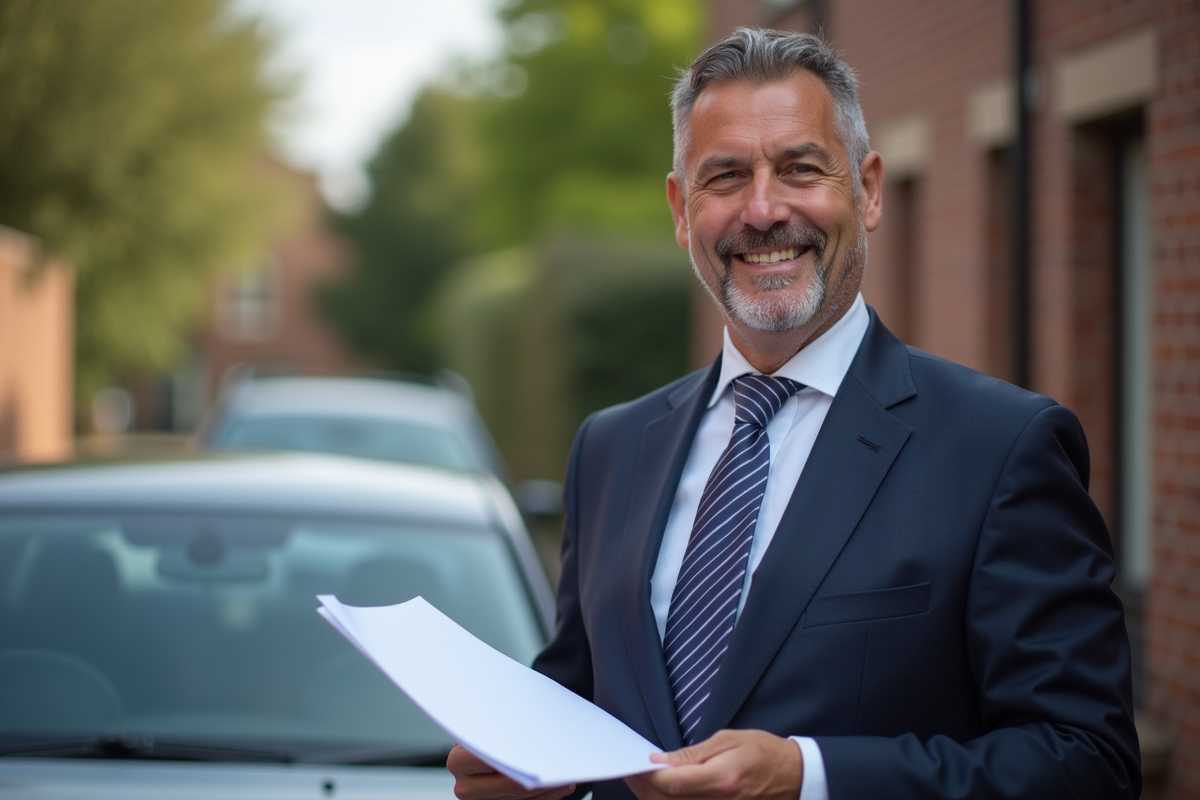 Homme d'âge moyen tenant documents d'assurance voiture en ville