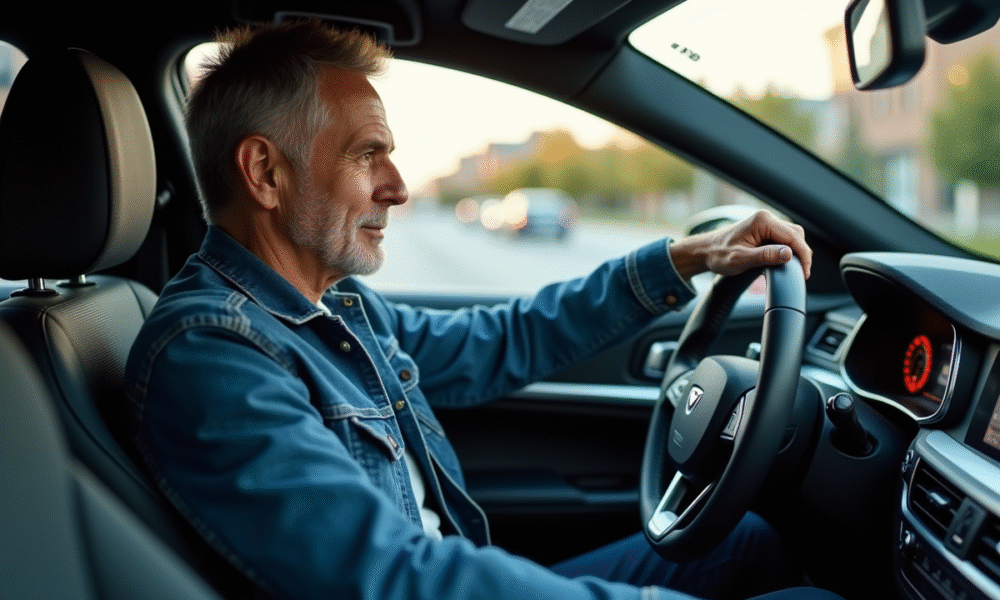 Homme en denim dans une voiture moderne en conduite