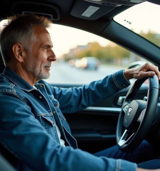 Homme en denim dans une voiture moderne en conduite