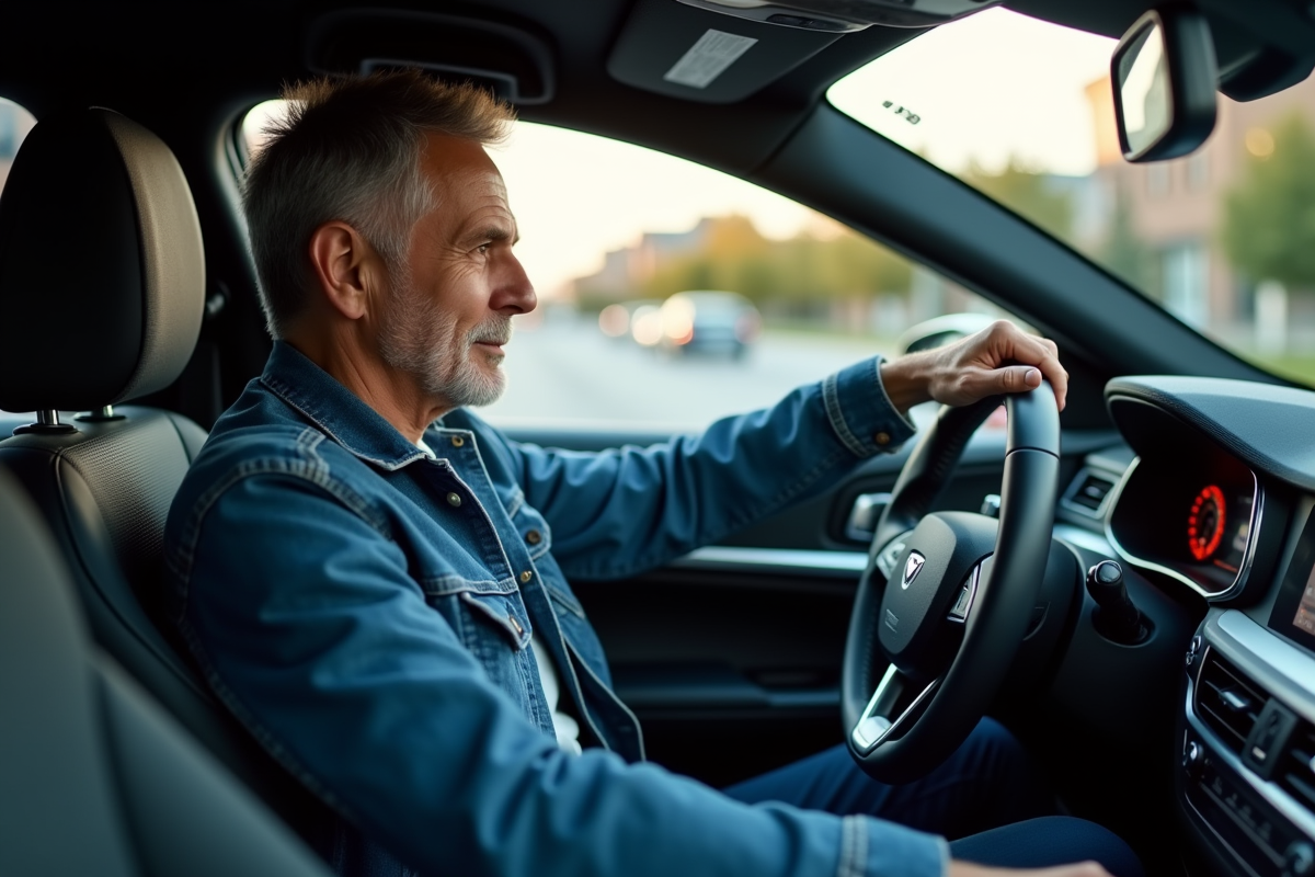 Homme en denim dans une voiture moderne en conduite